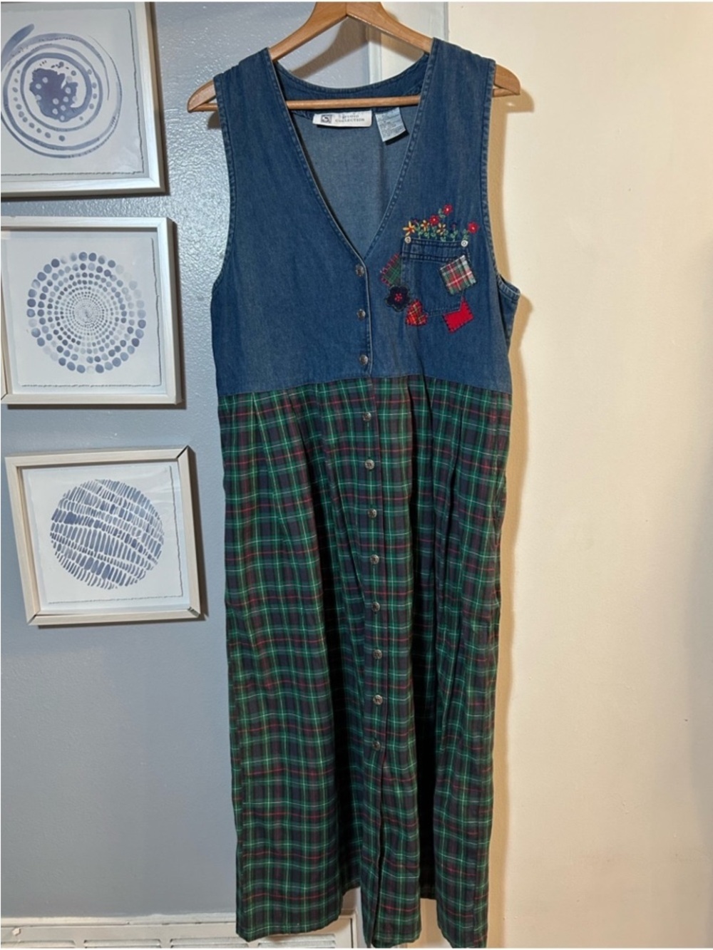 Vintage SC Studio Collection Sleeveless Size M Denim & Plaid Maxi Dress Pockets
